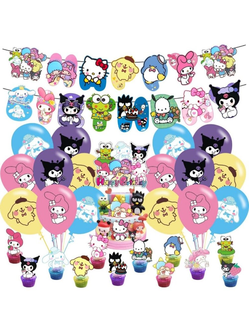 Kawaii Birthday Decorations Set - Happy Birthday Banner, Cake & Cupcake Toppers